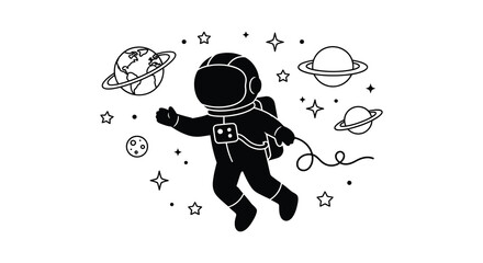 Astronaut floating among planets and stars is a black silhouette © MdGolam
