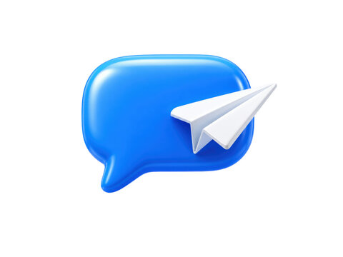Blue 3D speech bubble with white paper plane icon representing modern instant messaging and chat delivery.