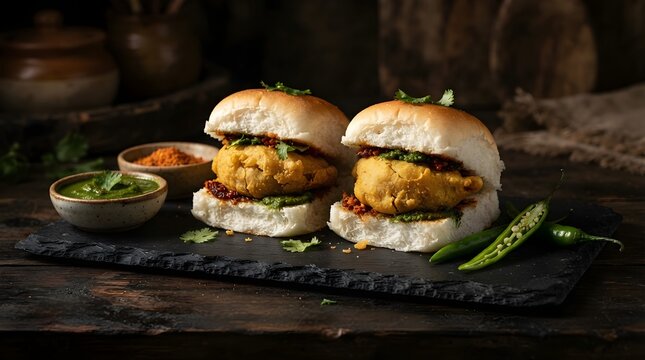 Delicious Traditional Indian Vada Pav Street Food Served with Spicy Chutney and Chilies