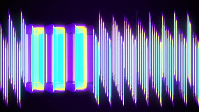 Vibrant neon soundwave abstract 3d shape colorful blue-green purple yellow digital audio waveform glitch visualization rhythmic light bars motion background 4k animation suitable for creative media.