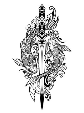 Koi dagger tattoo flash illustrattion