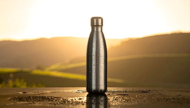 Botella reutilizable de acero inoxidable sobre una superficie exterior con paisaje de colinas iluminado por el atardecer