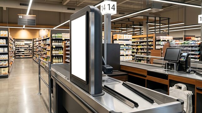 Modern supermarket checkout area with a blank digital screen for advertisements in a retail grocery store