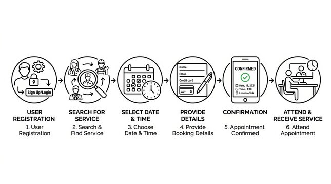 Illustrated infographic showing stages of hotel booking process flow.