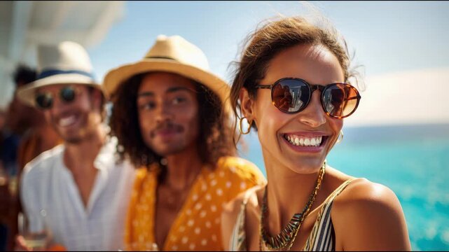 Diverse group of smiling friends enjoying a summer vacation cruise on a sunny day