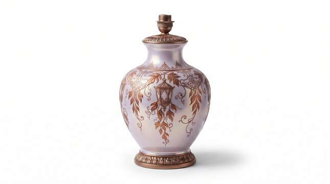 Vintage iridescent glass lamp base with ornate gold leaf patterns, antique ceramic table lamp with floral motifs, elegant pearlescent home decor isolated PNG with Transparent Background