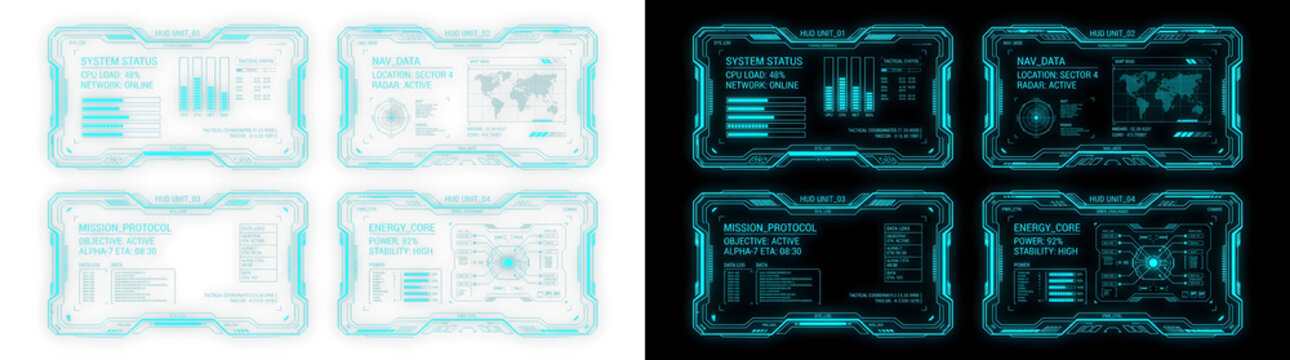 Futuristic HUD interface set with 8 digital dashboard screens, cyan blue sci-fi UI elements, high-tech data visualization panels for gaming and software design