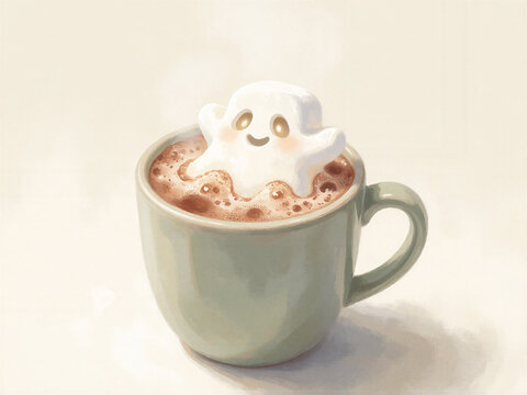 Cute marshmallow ghost in a cup of hot chocolate