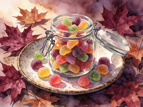 Jar of colorful gummy candies with autumn leaves