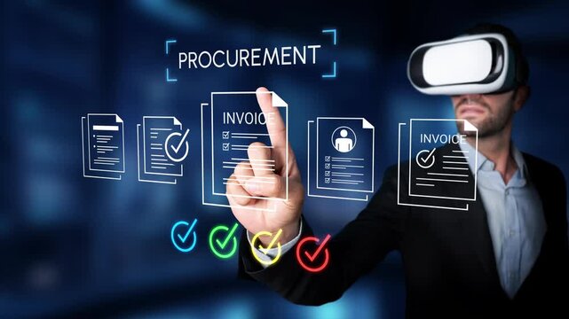 Businessman in Virtual Reality Engaging with Procurement Process, Managing Invoices and Document Workflow in a Digital Environment Gluon.