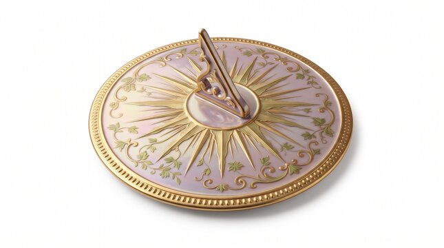 Vintage golden sundial with ornate floral engravings, antique brass sun clock for garden decor, elegant pink and gold astronomical timekeeping instrument isolated PNG with Transparent Background