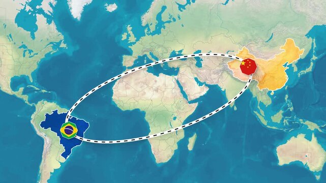 Brazil and China Bilateral Relationship Map Animation Footage