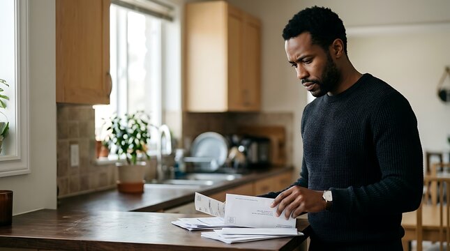 Serious man reviewing personal financial documents and bills in his home kitchen.