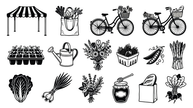 Farmers market icon set, vintage hand drawn organic food illustrations, 15 black and white garden vector elements for local grocery branding