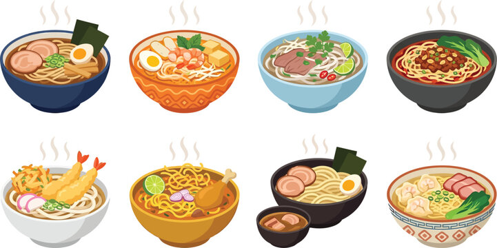 Collection of diverse noodle soup bowls featuring ramen pho and udon perfect for culinary concepts and restaurant menus
