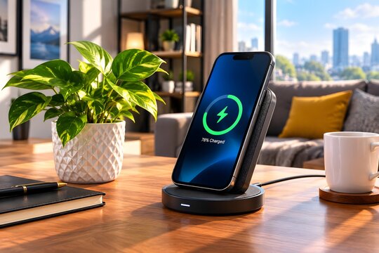 modern office interior ,Modern wireless charging dock with smartphone on a wooden desk