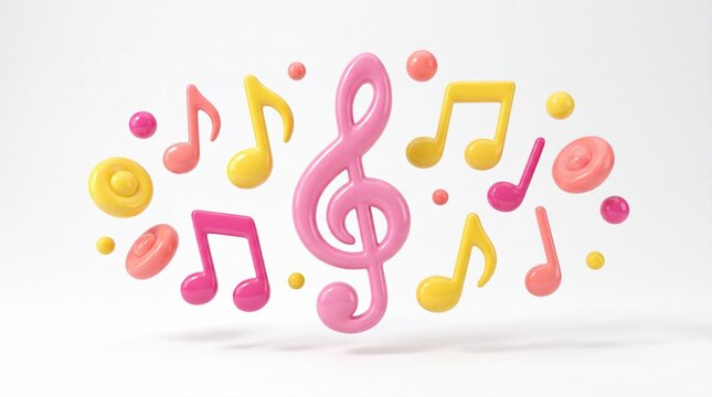 Colorful musical notes and treble clef icons floating in vibrant pastel background