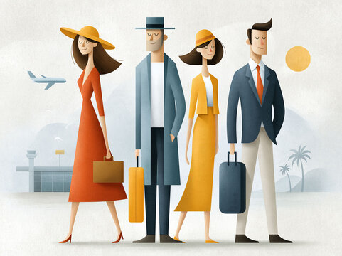 Global tourism concept featuring diverse family travelers, airplane, airport terminal and tropical destination imagery, modern editorial illustration, optimistic travel industry theme, premium