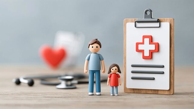 Health insurance policy documents with medical cross, stethoscope and family figures, financial protection and healthcare planning concept, minimalist 3D illustration, clean background
