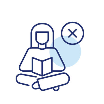 Woman reading a book and cross. E-library membership restriction. Pixel perfect, editable stroke vector icon
