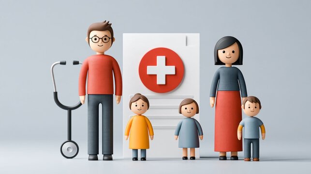 Health insurance policy documents with medical cross, stethoscope and family figures, financial protection and healthcare planning concept, minimalist 3D illustration, clean background