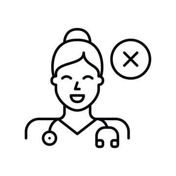 Medical restriction, doctor appointment cancelled. Woman with stethoscope and cross. Pixel perfect, editable stroke vector icon