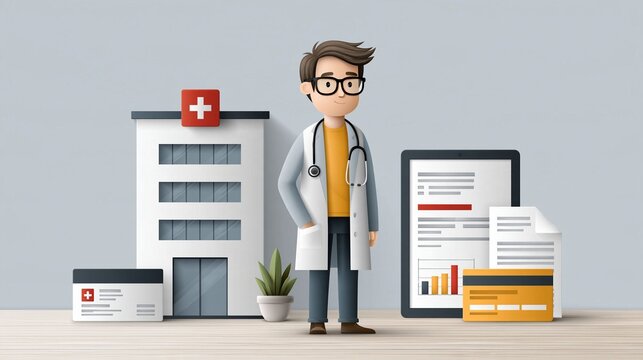 Medical insurance planning concept with hospital building, health insurance card, medical bills and financial chart, healthcare costs and protection, sophisticated editorial illustration