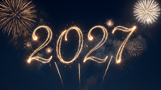Golden fireworks display illuminates the numbers two zero two seven