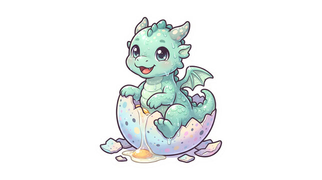 Adorable baby dragon hatching from egg, cute mint green mythical creature illustration, whimsical fantasy character for nursery decor and children books