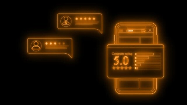 Neon-style animation of a smartphone interface with a 5.0 rating card and two chat bubbles animation