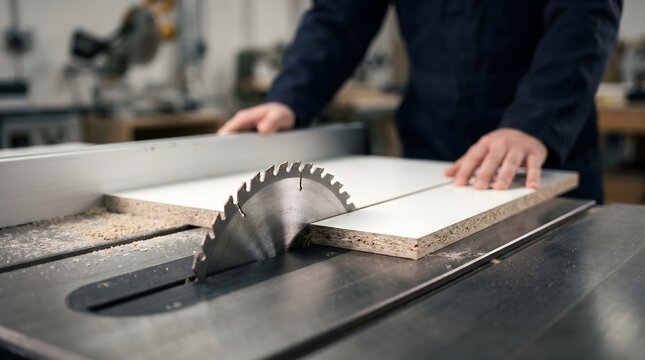 Professional carpenter hands using circular table saw to cut white board in woodworking workshop for furniture manufacturing and craftsmanship concept.