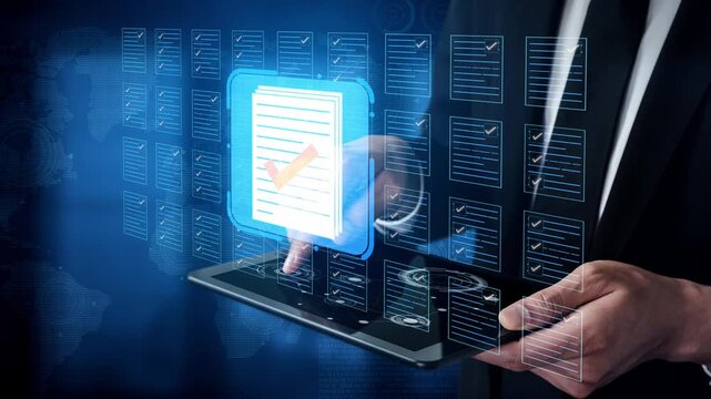 Businessman using digital tablet with document icons for organization and management, representing productivity and technology in modern workplace. Entropy.