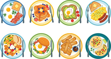 Fototapeta premium Collection of diverse breakfast plates featuring eggs bacon pancakes waffles and avocado toast flat vector illustration for food concepts