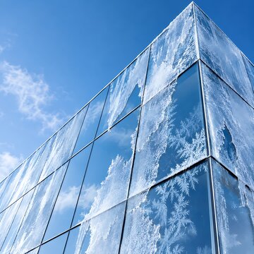Modern Building Covered in Frost and Snowflakes Under a Blue Sky winter snow ice frost snowflake fro