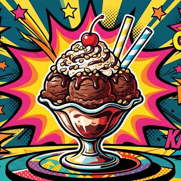 A vibrant pop art poster of a triple-scoop chocolate sundae, whipped cream, nuts, two graphic straws. 