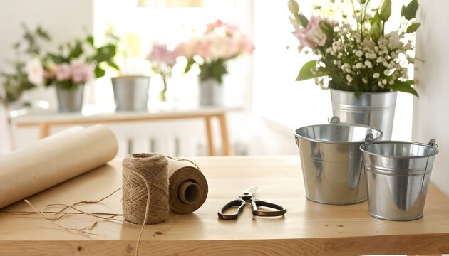 Materiales para envolver regalos con papel kraft, cuerda, tijeras y cubos met&aacute;licos con flores sobre una mesa luminosa