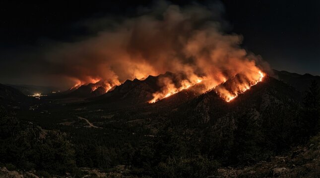 Panoramic night view of a massive wildfire burning along a mountain ridge with thick smoke rising into the dark sky