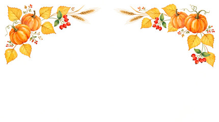 Fototapeta premium Pumpkins and autumn leaves watercolor border design. harvest season illustration with berries