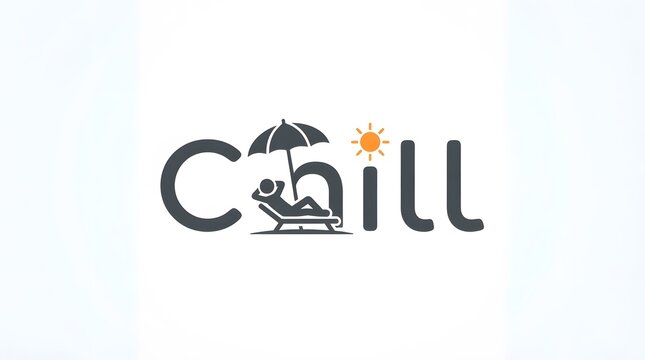 Chill text logo design featuring a person relaxing on a beach chair with sun