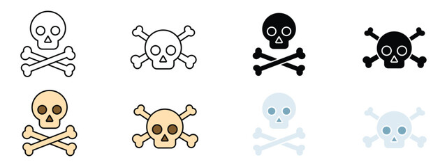 Fototapeta premium Skull and crossbones hazard icons set vector illustration. Human skull with crossed bones toxic poison danger symbol in outline, glyph, filled line, and flat style for safety alert design.