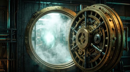 Obraz premium Heavy metal vault door open revealing glowing steam inside