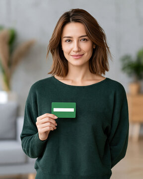 Young Asian woman holding a generic health insurance card and smiling confidently, modern home interior, healthcare protection and financial security concept, realistic commercial stock photography,