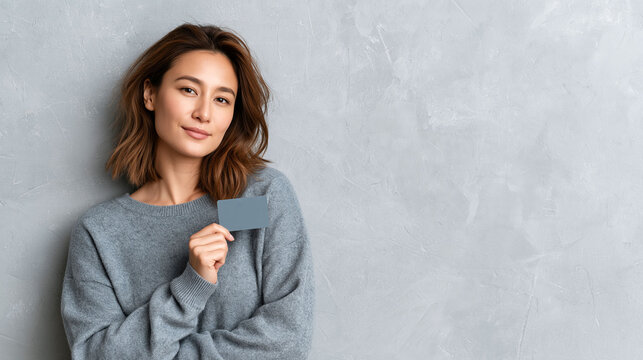 Asian woman showing a generic medical insurance card toward camera, clean bright background, health insurance coverage and healthcare planning concept, professional lifestyle stock photography, copy
