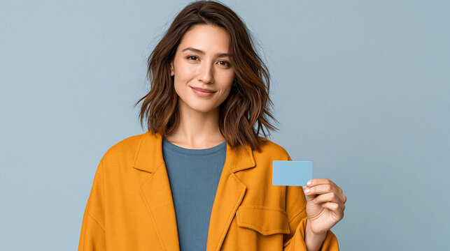 Asian woman showing a generic medical insurance card toward camera, clean bright background, health insurance coverage and healthcare planning concept, professional lifestyle stock photography, copy