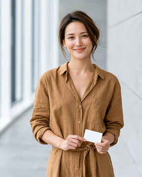 Happy Asian woman holding a generic health insurance card, healthcare protection concept, elegant modern interior, natural window light, authentic commercial stock photo