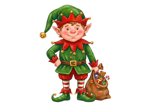 Vintage Christmas elf illustration, cute holiday helper character with toy sack, classic green and red festive elf isolated on white background