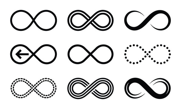 Set of nine black infinity symbol variations, including solid, outlined, dotted, dashed, and arrow-marked loop on a white background