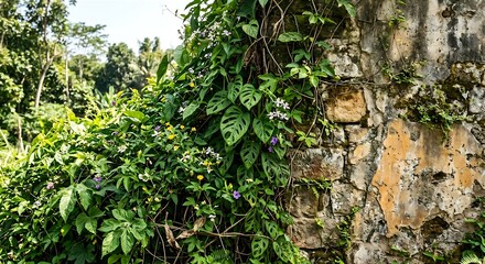 Naklejka premium Lush Monstera Adansonii Vine Climbing On Weathered Old Stone Wall With Flowers