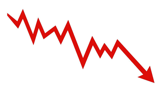 Red jagged line graph arrow pointing downwards indicating a financial decline, economic crisis, or negative trend, isolated on transparent background