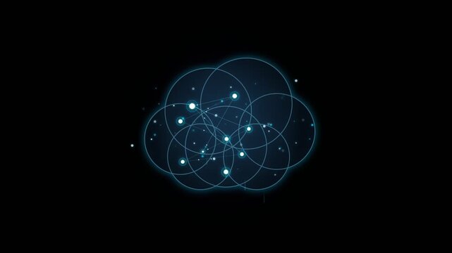Digital cloud computing network abstract animation with glowing nodes and interconnected circles